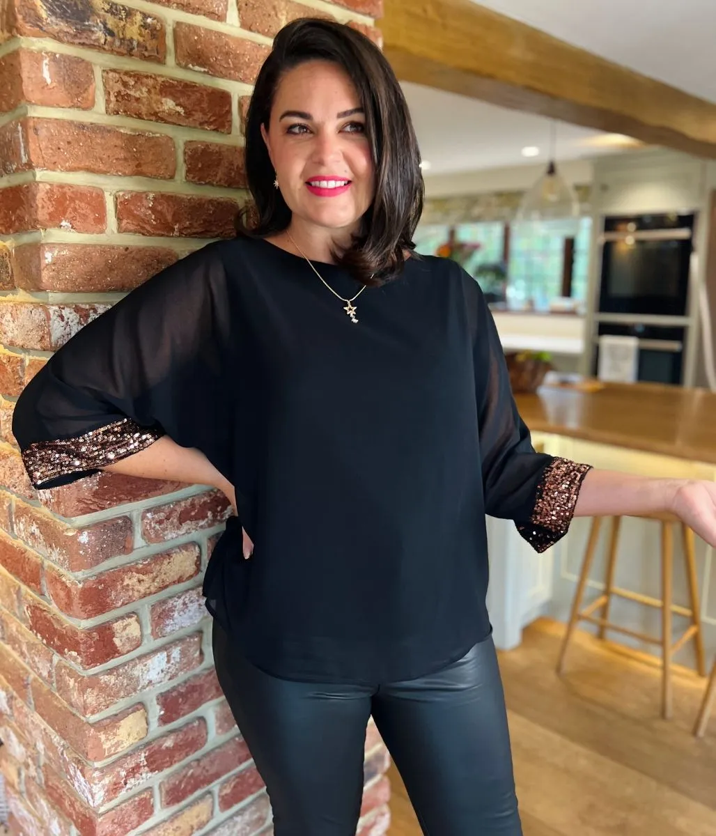 Soft Cotton Blend Bronze Sequin Trim Chiffon Overlay Top