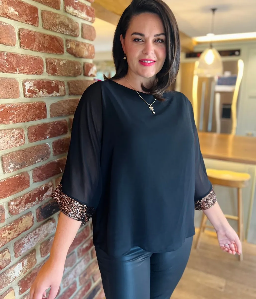 Bronze Sequin Trim Chiffon Overlay Top UltravioletProtectionFabric