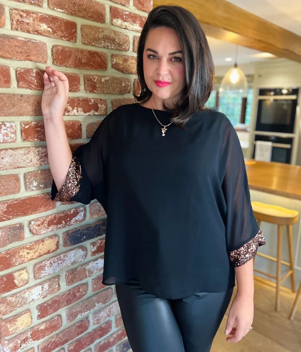 Convertible Neckline ButterSoft Handfeel Bronze Sequin Trim Chiffon Overlay Top