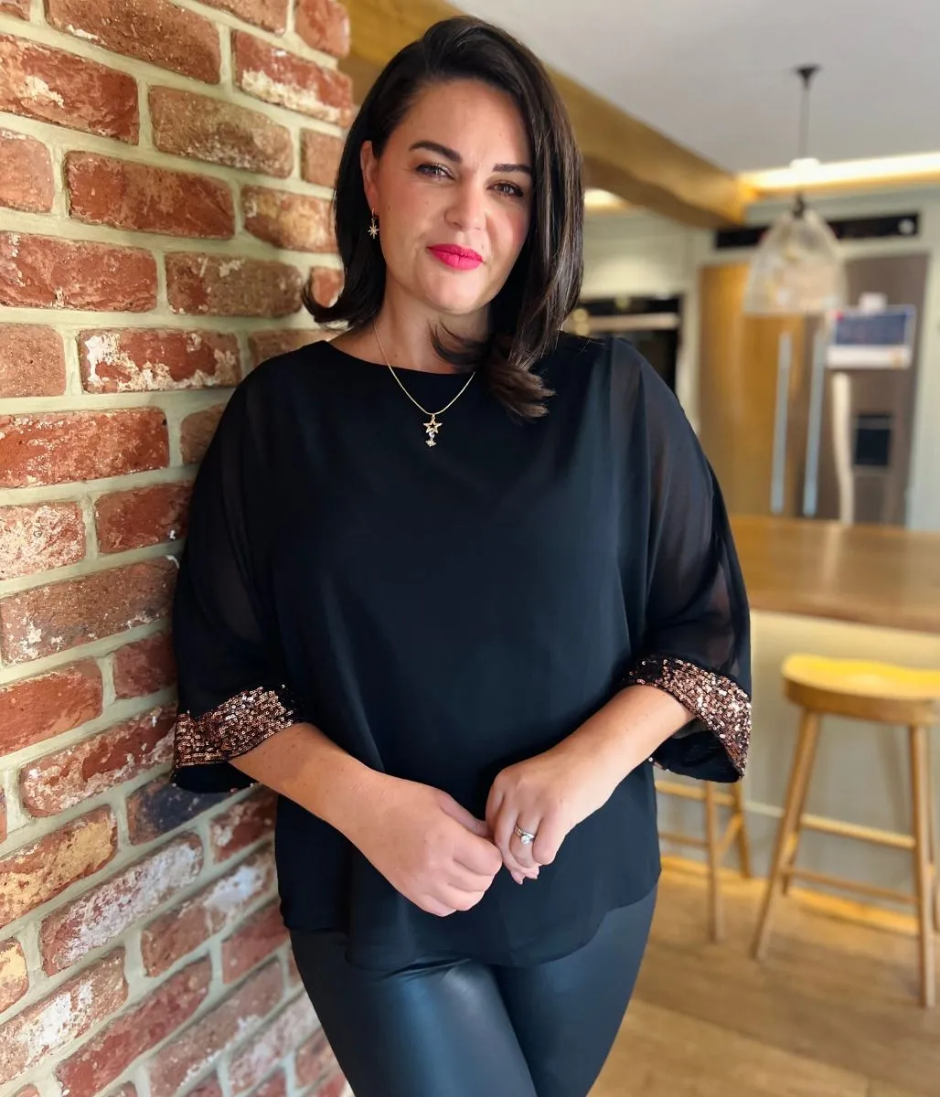 NonPill Surface Treatment Bronze Sequin Trim Chiffon Overlay Top