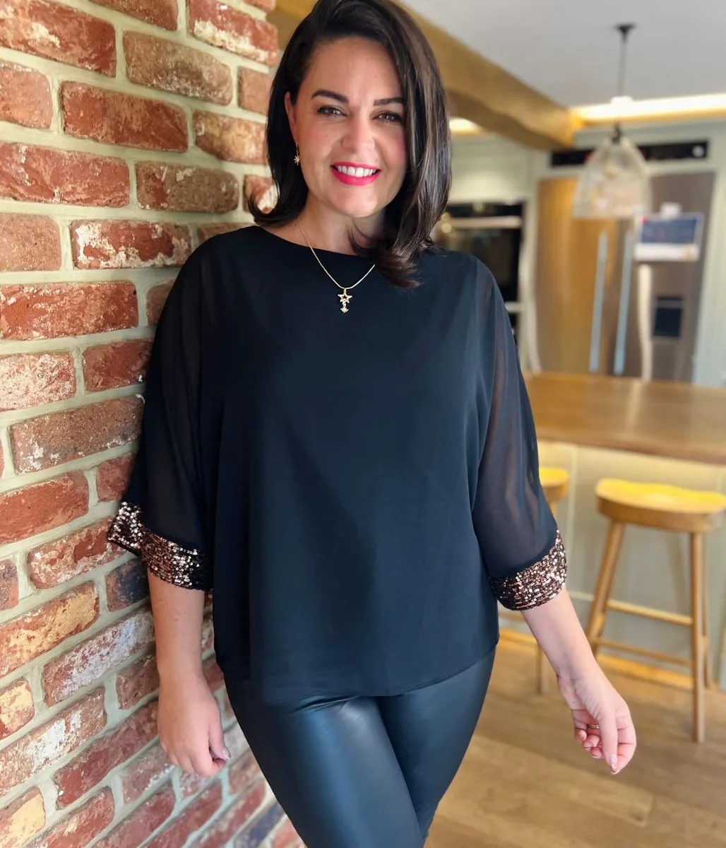 Bronze Sequin Trim Chiffon Overlay Top ButtonDownCollar