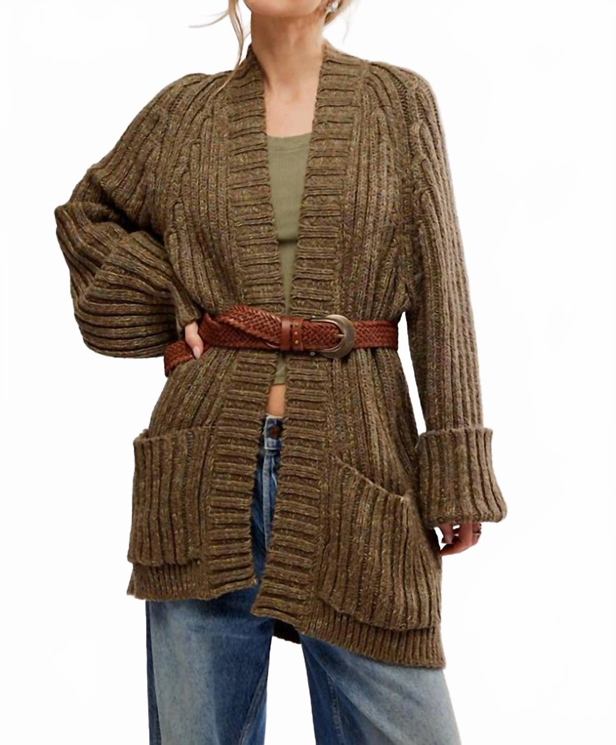 Plush Interior Snug & Stylish Blossom Long Sleeve Cardigan In Ivy Earth Combo