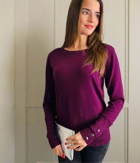 Easy Layering Knit Style Burgundy Fine Knit Button Cuff Jumper