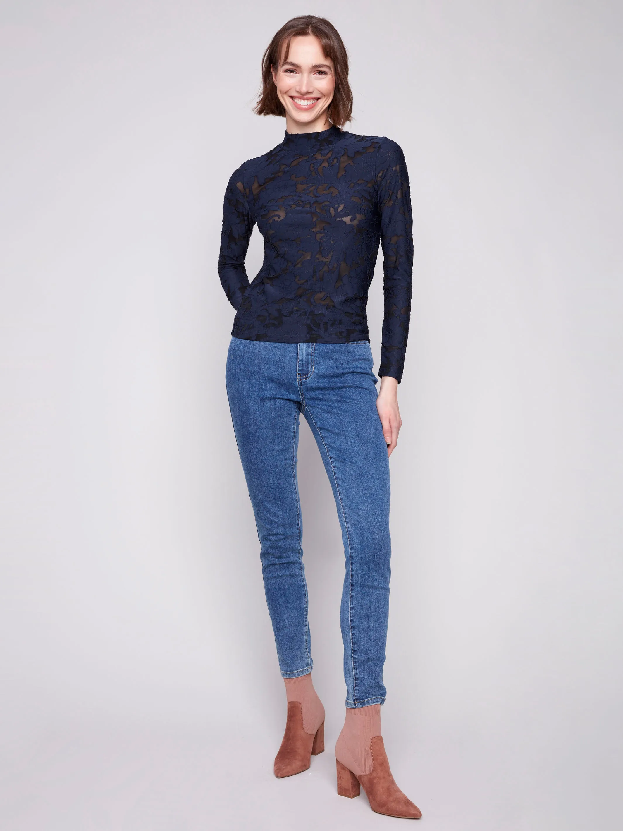 Burnout Mesh Mock Neck Top - Blue Black CushionedSupport