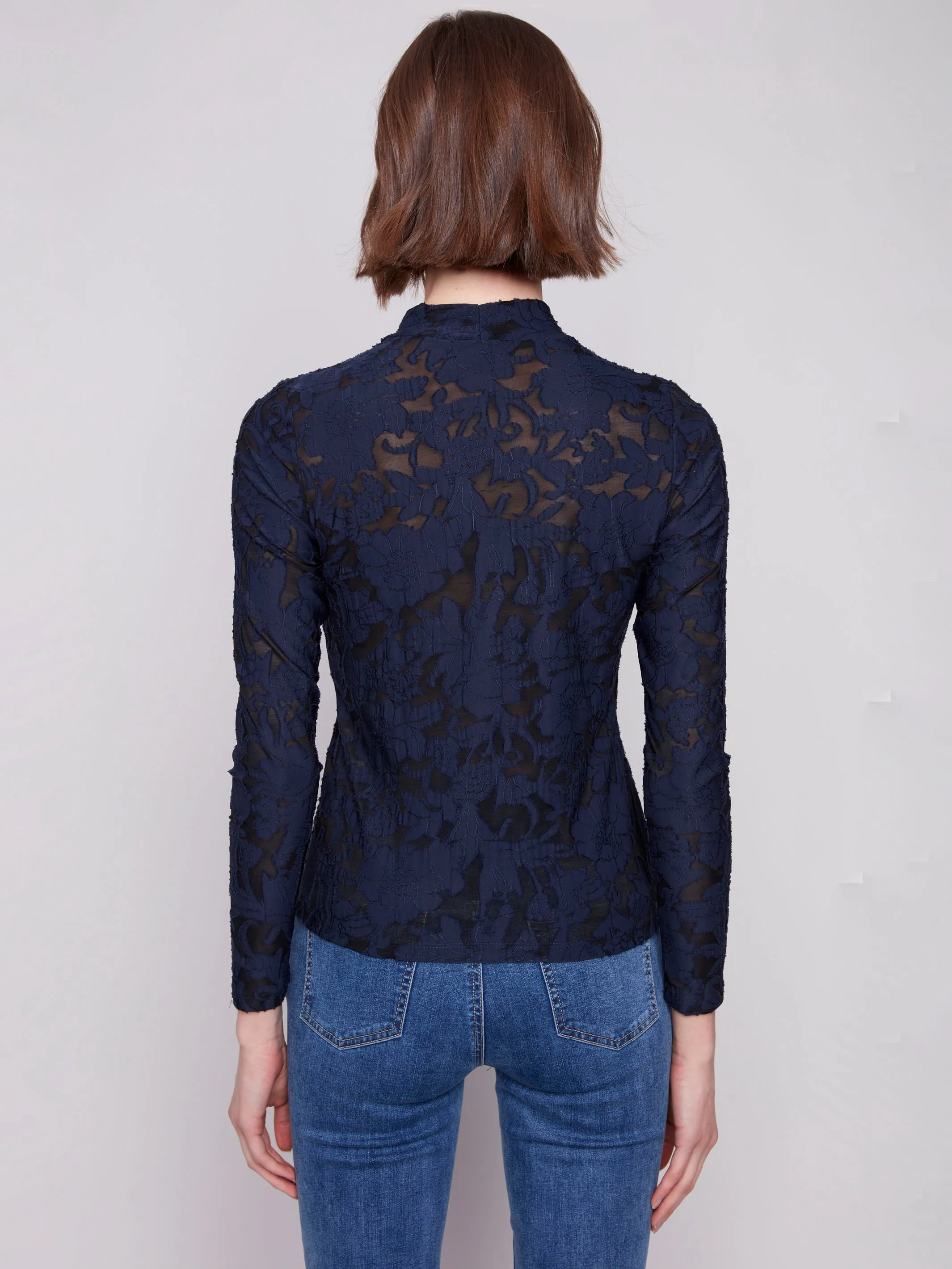 Overlock Edging AdjustableCuffSystem Burnout Mesh Mock Neck Top - Blue Black