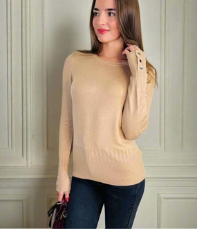 Essential Warmth Camel Fine Knit Button Cuff Jumper