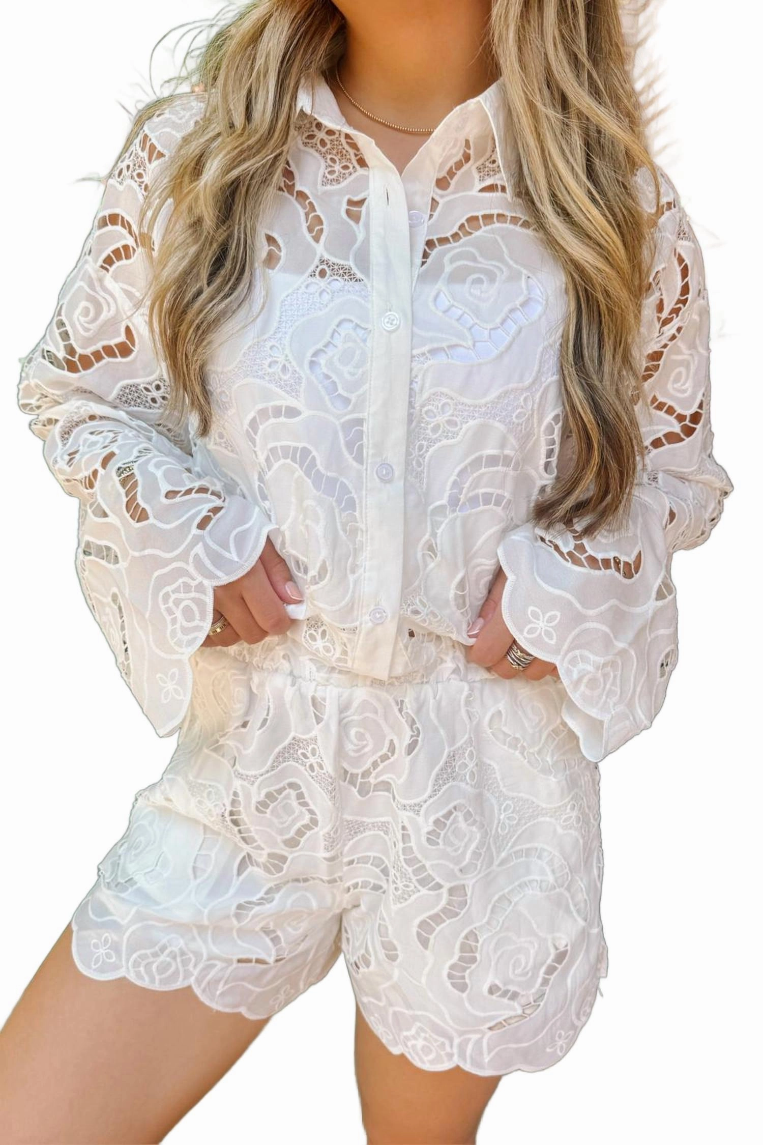 Functional Design denim alternative Cape Floral Eyelet Shorts In White