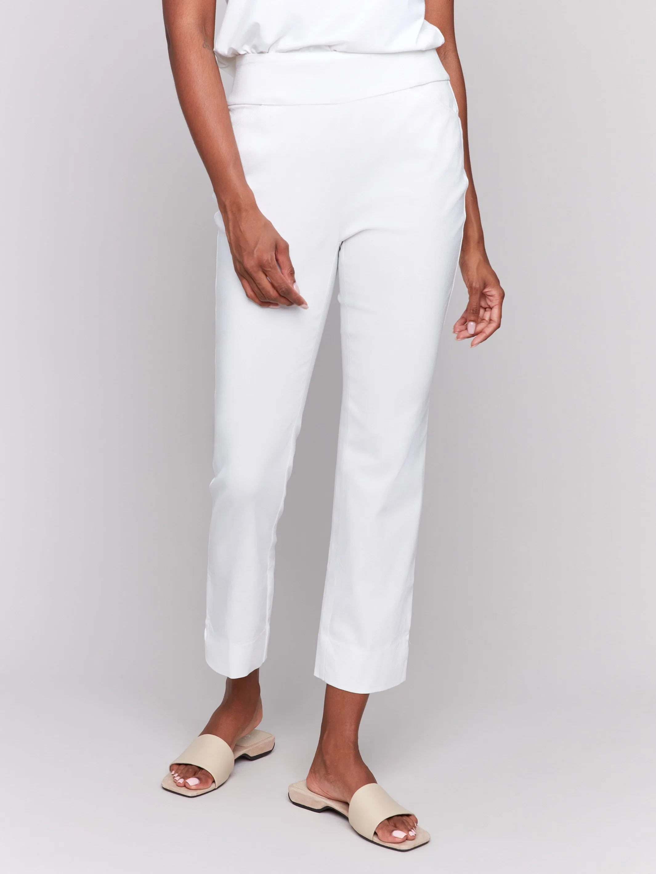 high waisted Soft Structure Capri Pants With Hem Slit - White