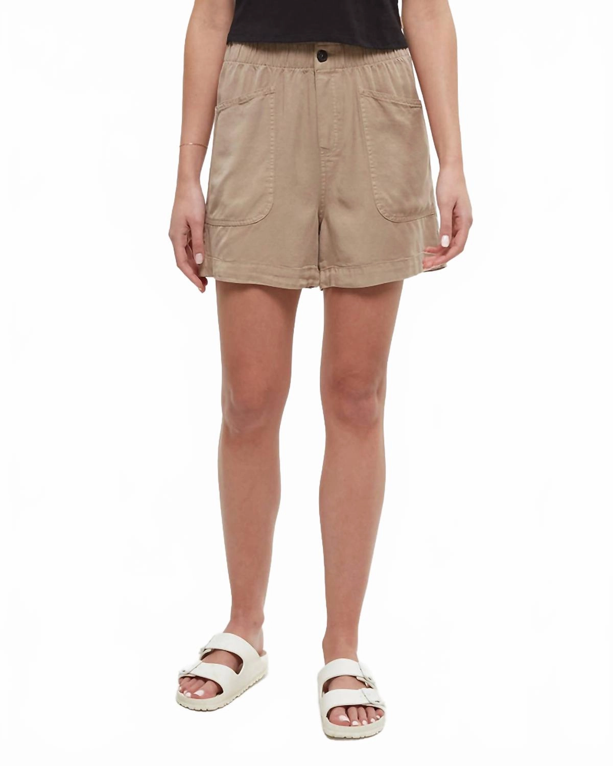 hospitality industry Flatlock Seam Technology Cascades Relaxed High Rise Pull-On Short In Khaki