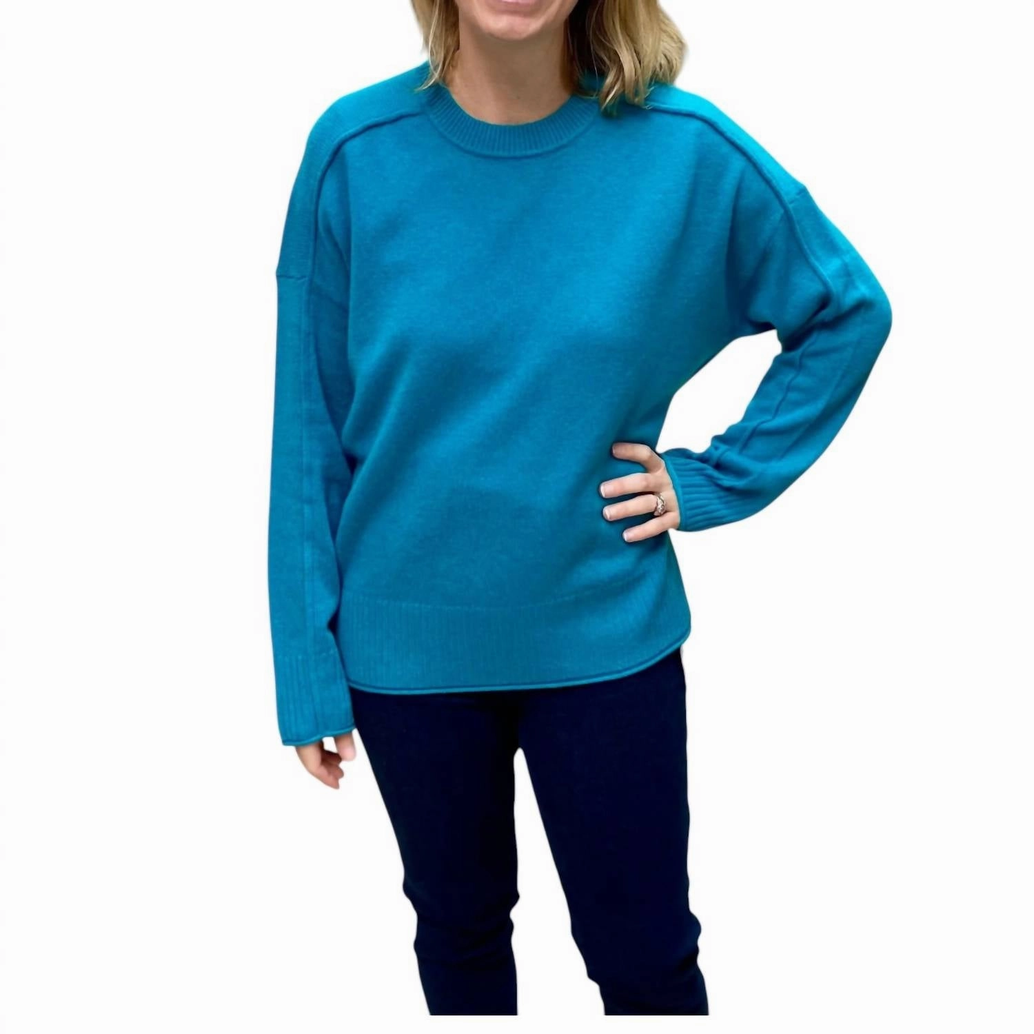 Cashmere Round Neck Sweater In Teal Knit Layers Soft and Warm