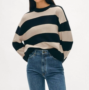 Effortless Comfort Wear Classic Comfort Cashmere Striped Crewneck Sweater In Black/natural