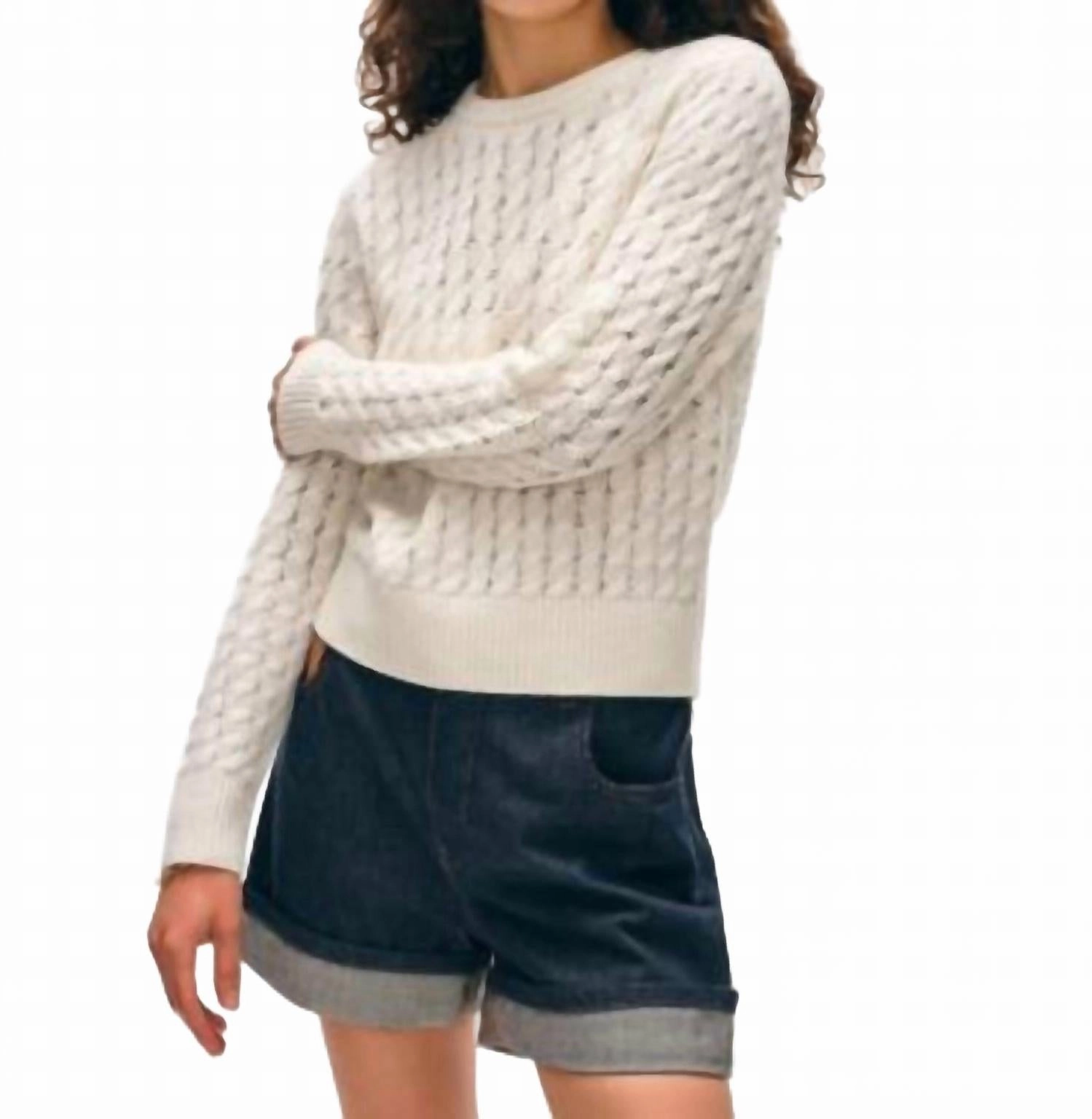 Cashmere Cable Crewneck Sweater In White Versatile Knit