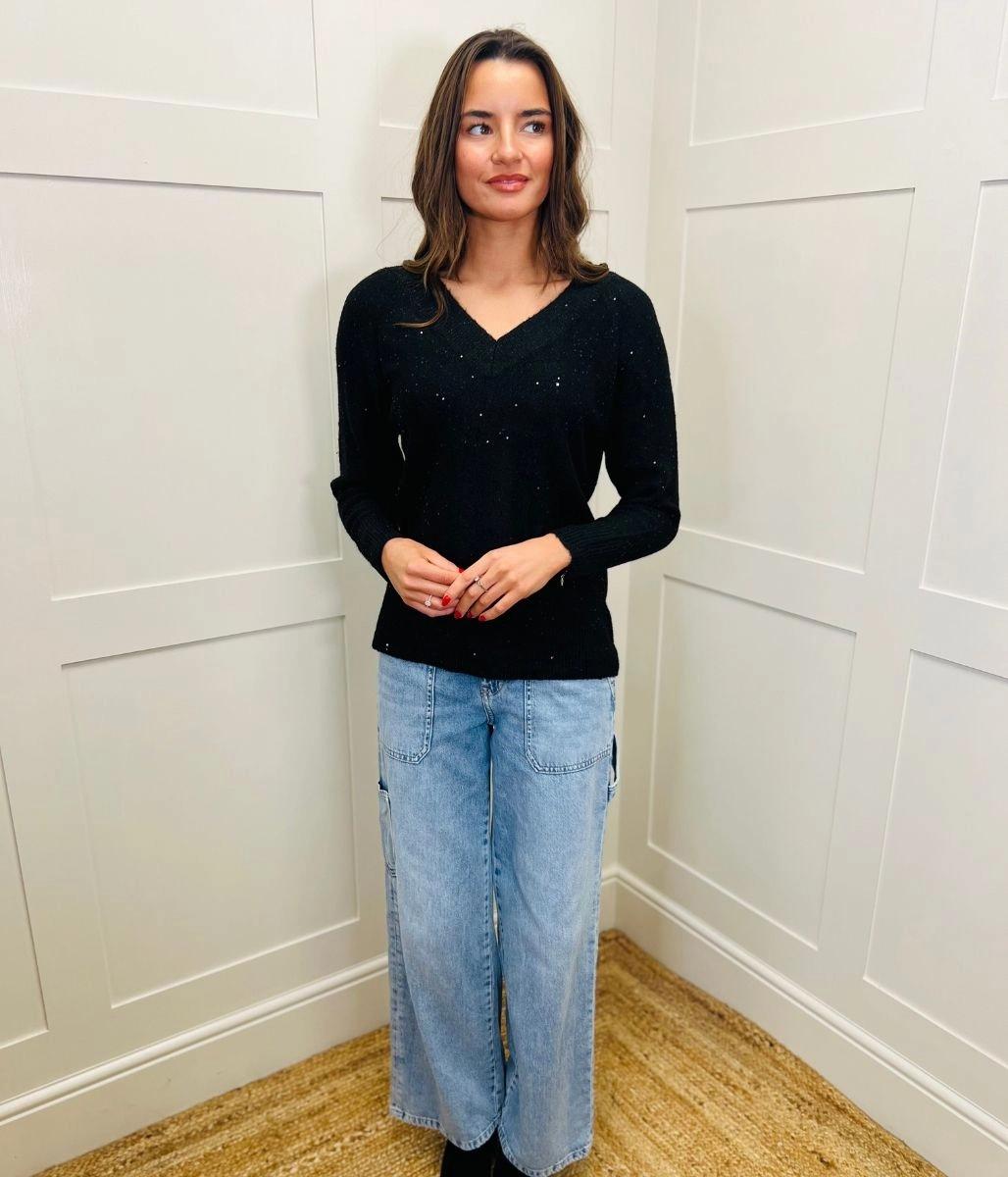 Black Sequin Sparkle V Neck Jumper Casual Performance