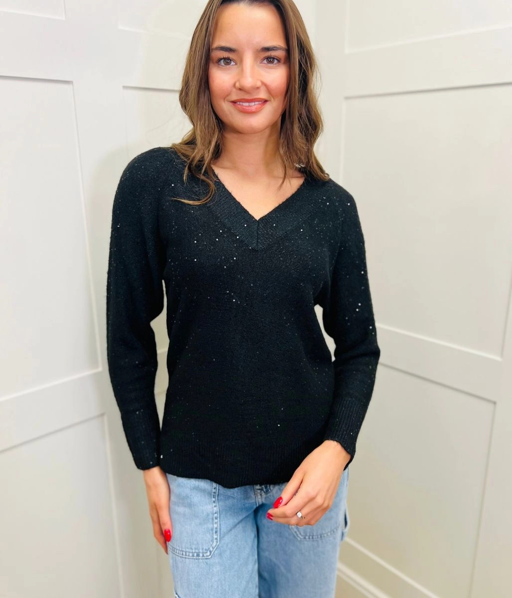 Cozy Style Wear Black Sequin Sparkle V Neck Jumper