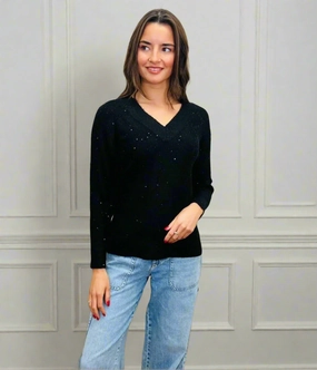 Luxury Knit Black Sequin Sparkle V Neck Jumper