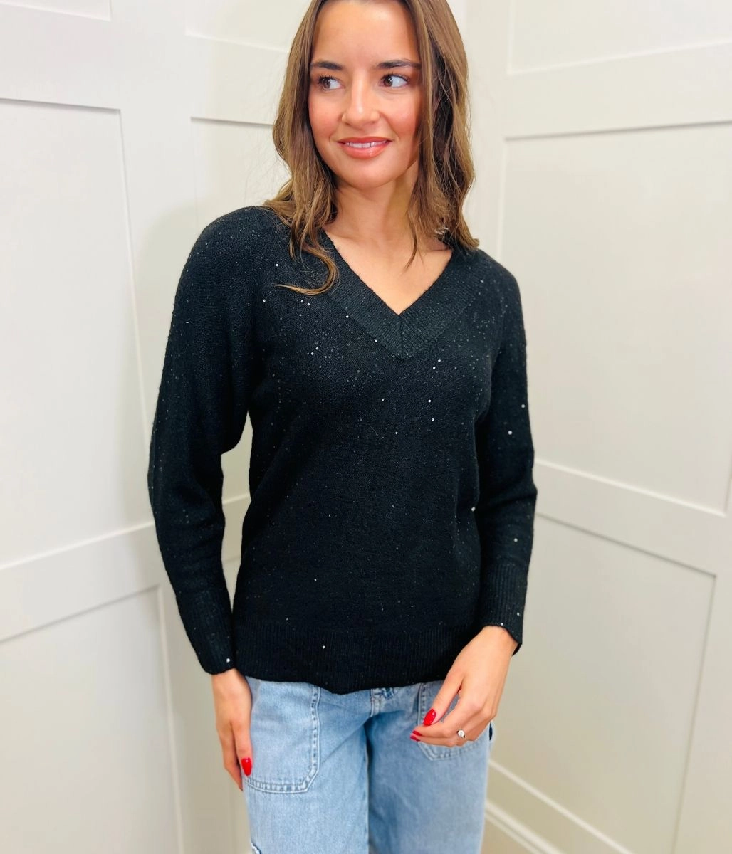 Black Sequin Sparkle V Neck Jumper Fashionable Look