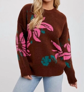 Turtleneck Textured Floral Motif Pullover In Brown