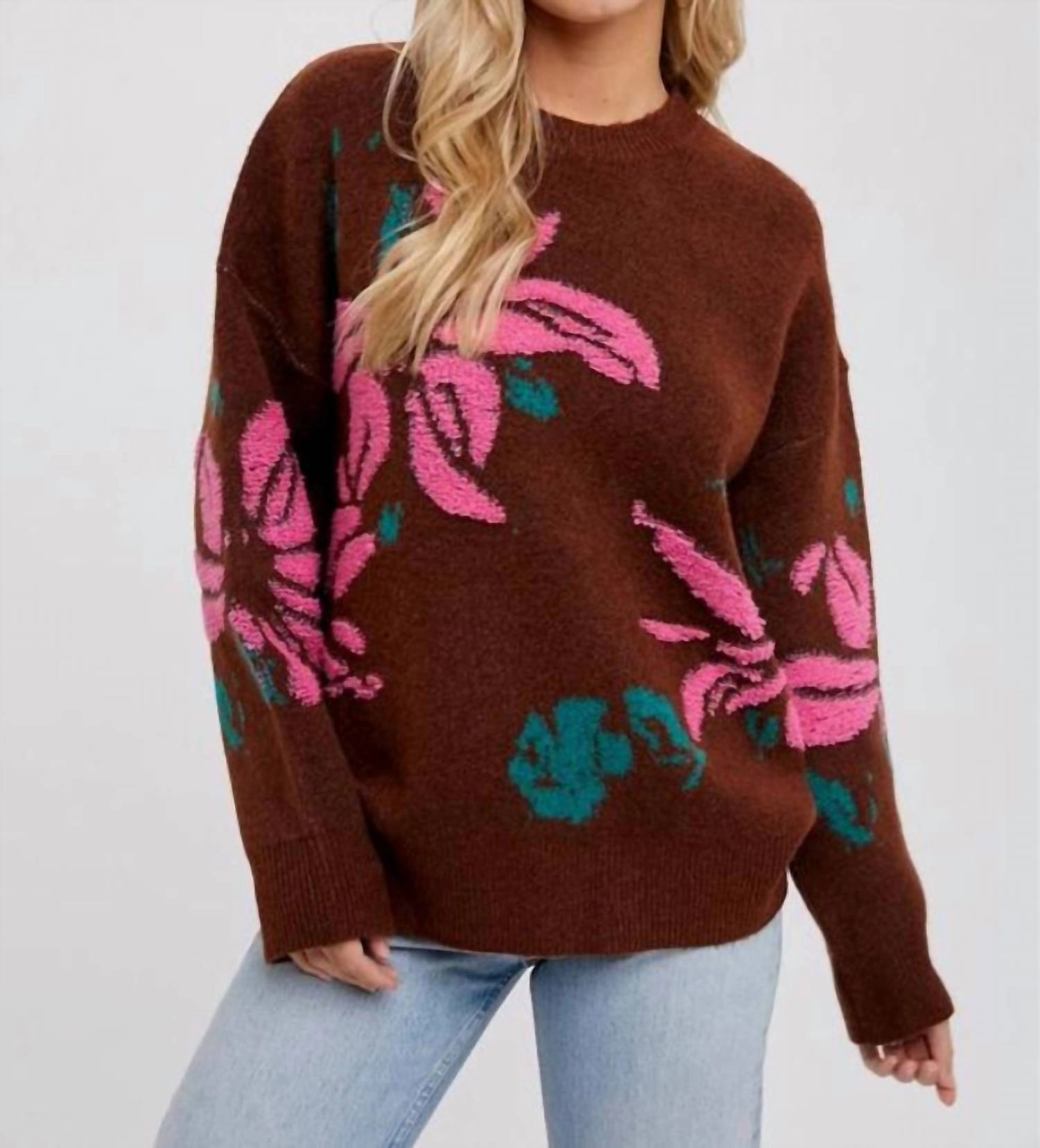 Textured Floral Motif Pullover In Brown Fashion Knitwear