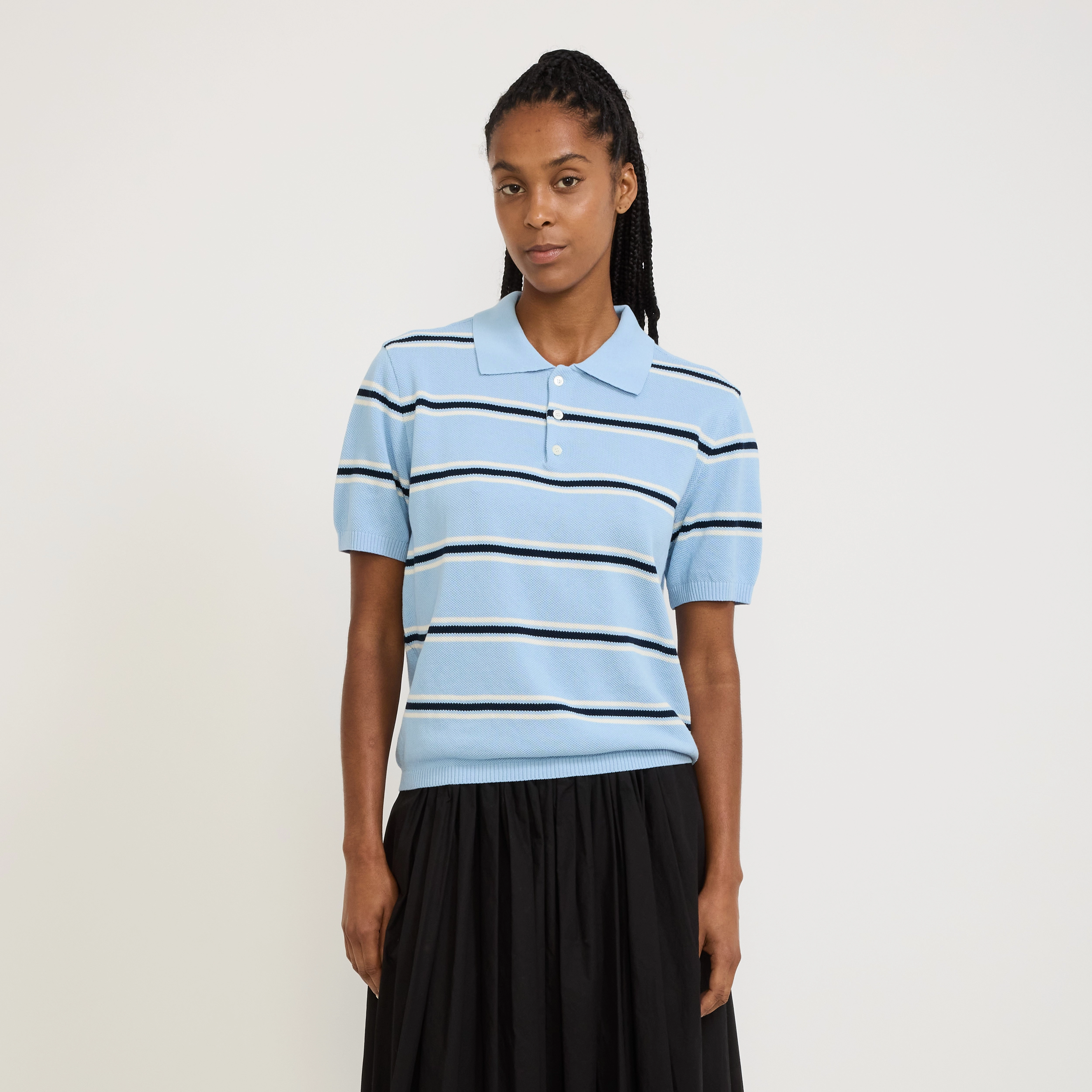 Cozy Texture Unisex Striped Polo Knit Skyblue/Cream
