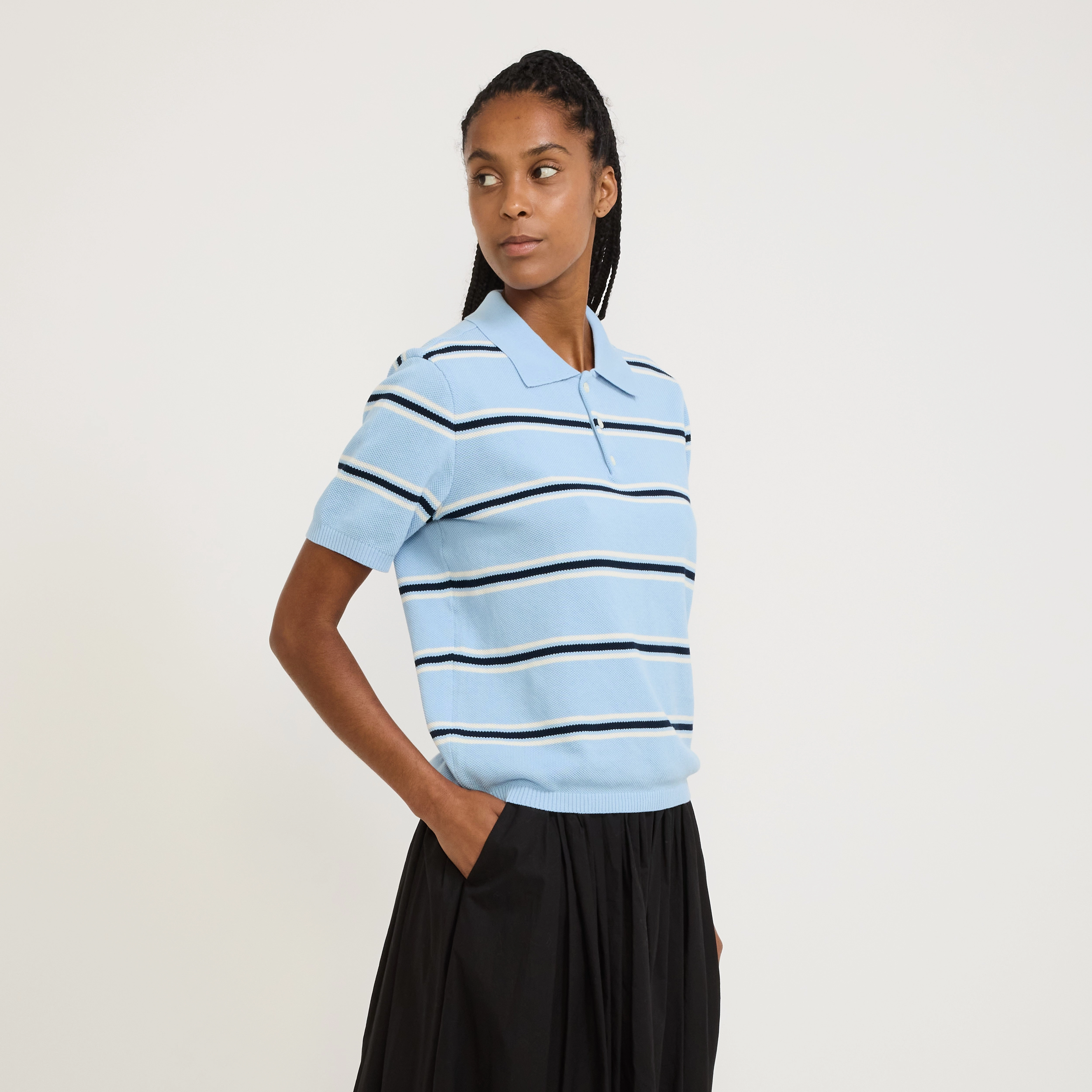 Unisex Striped Polo Knit Skyblue/Cream Compact Travel Design Slim Stretch