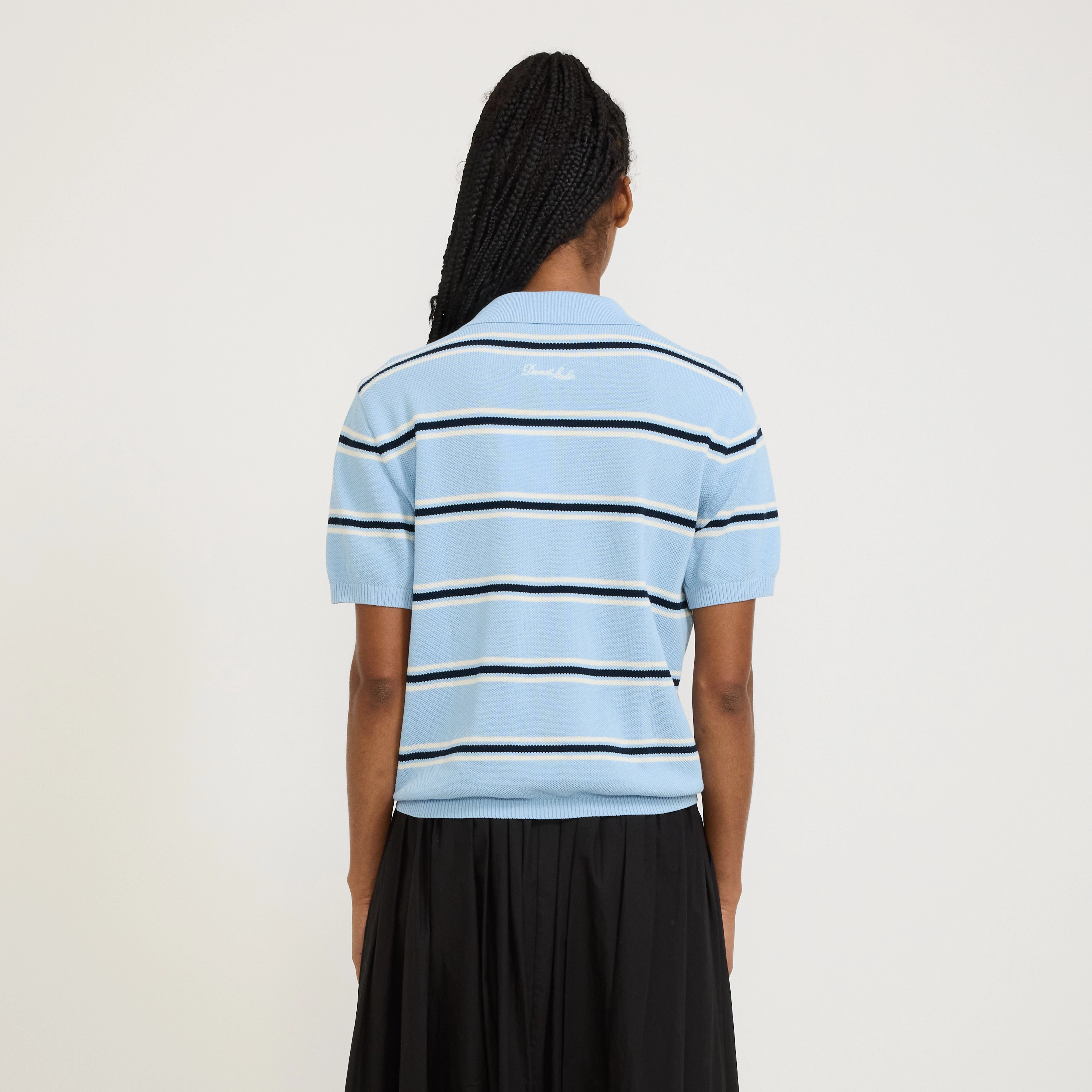 Unisex Striped Polo Knit Skyblue/Cream Anti Pilling Surface