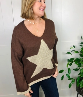 Casual Fit Brown Metallic Star Jumper