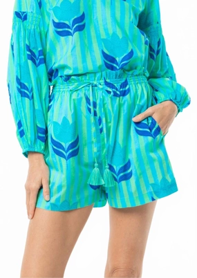 construction work Carlie Stripes And Tulip Print Shorts In Turquoise Tulip
