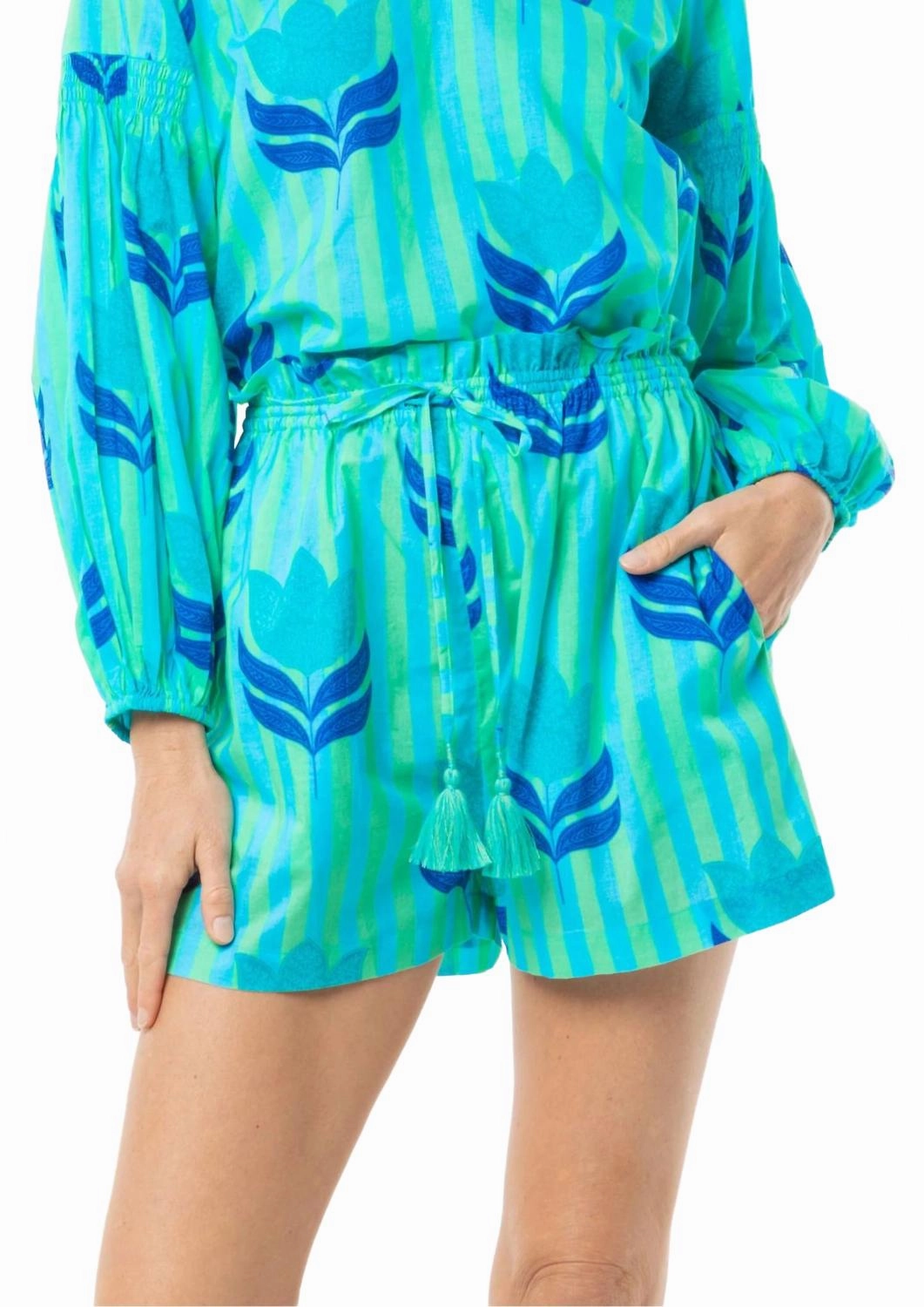 Carlie Stripes And Tulip Print Shorts In Turquoise Tulip clean look