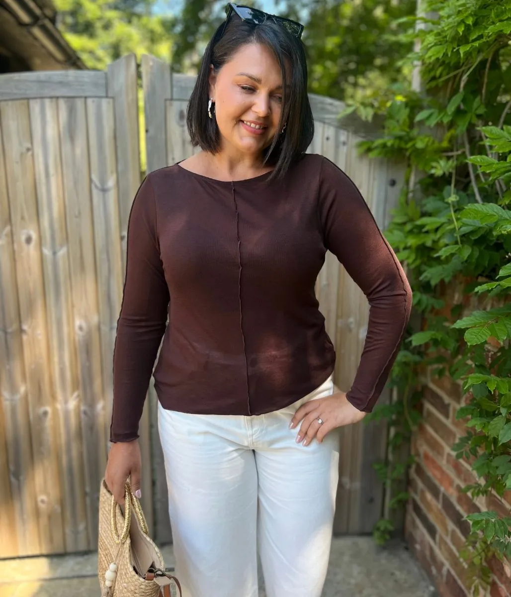 FourWayStretch Non Restrictive Cut Brown Lyocell Blend Ribbed Top
