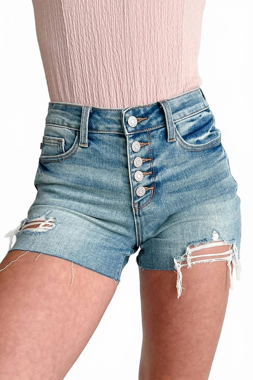 rooftop party look Mid Rise Button Fly Distressed Shorts In Blue