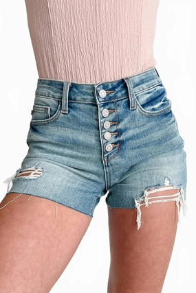 Mid Rise Button Fly Distressed Shorts In Blue Light Reflective Trim Outdoor Ready