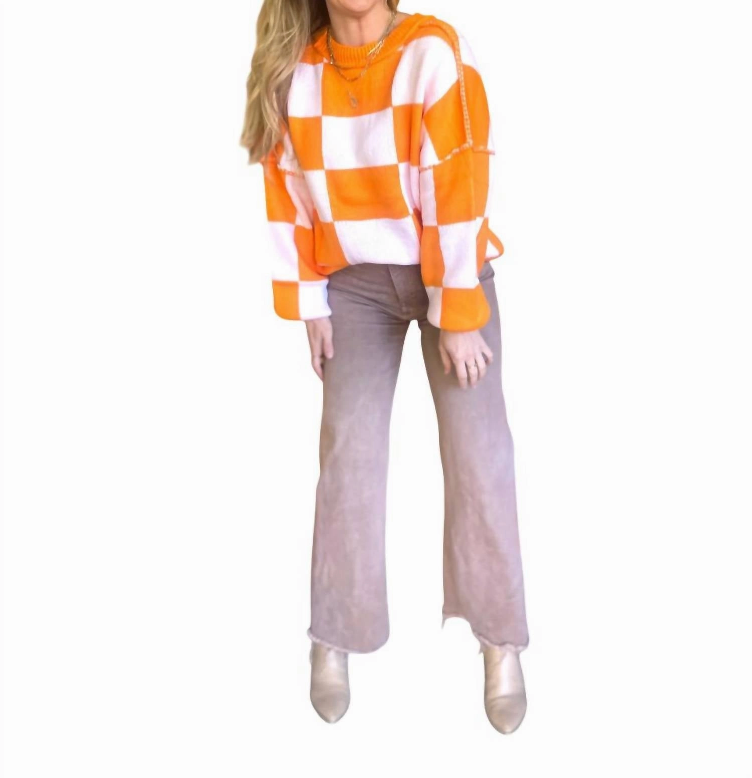 Checkered Bishop Sleeve Sweater In Orange Breathable Open Weave
