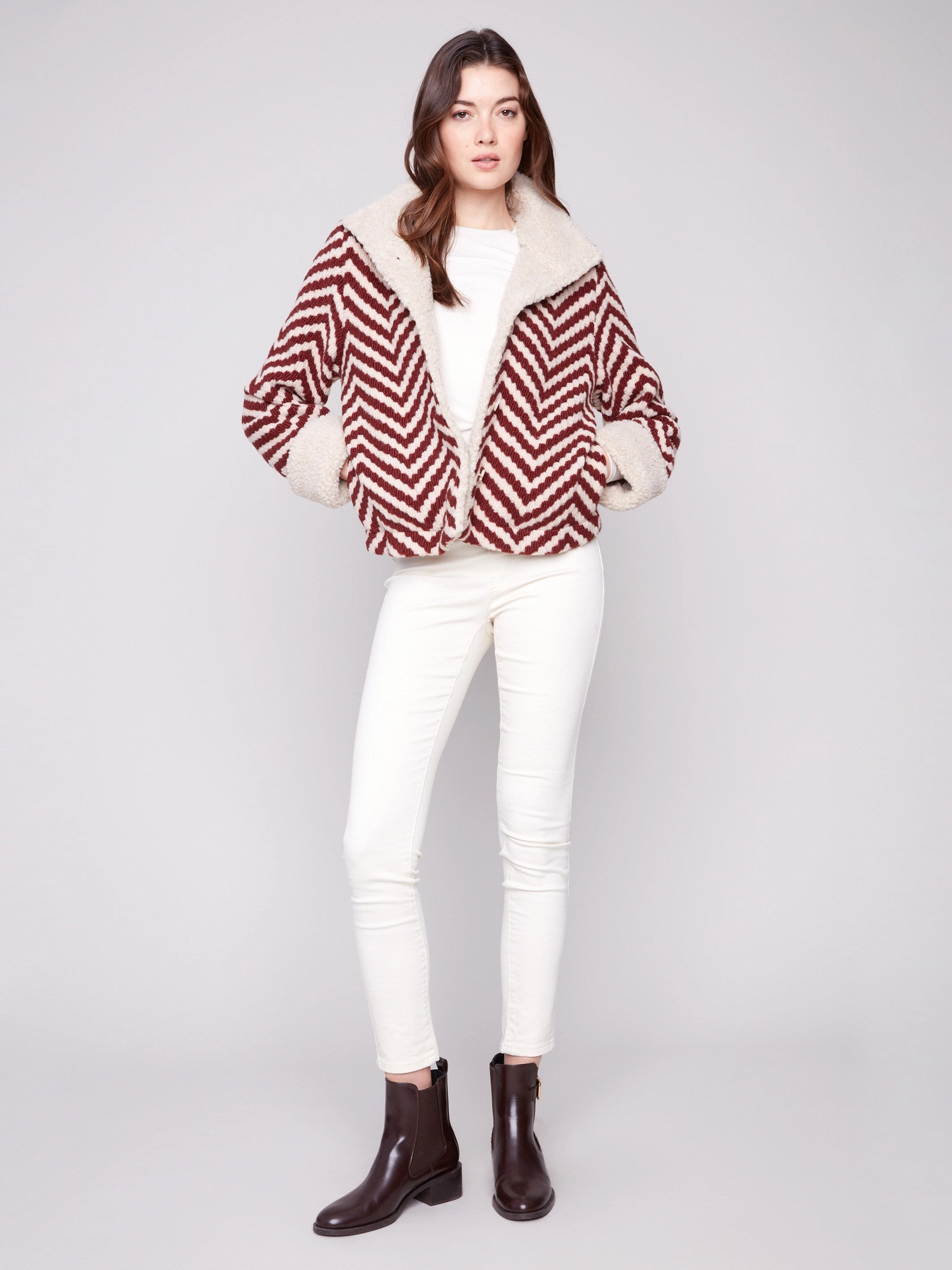Chevron Boucl?? Short Jacket With Sherpa Trim - Cabernet TapedZippers