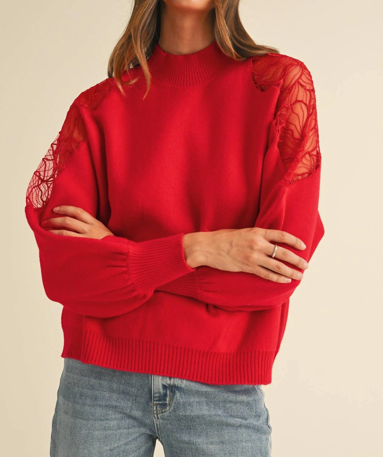 Embroidered Shoulder Mock Neck Sweater Fashionable Layer