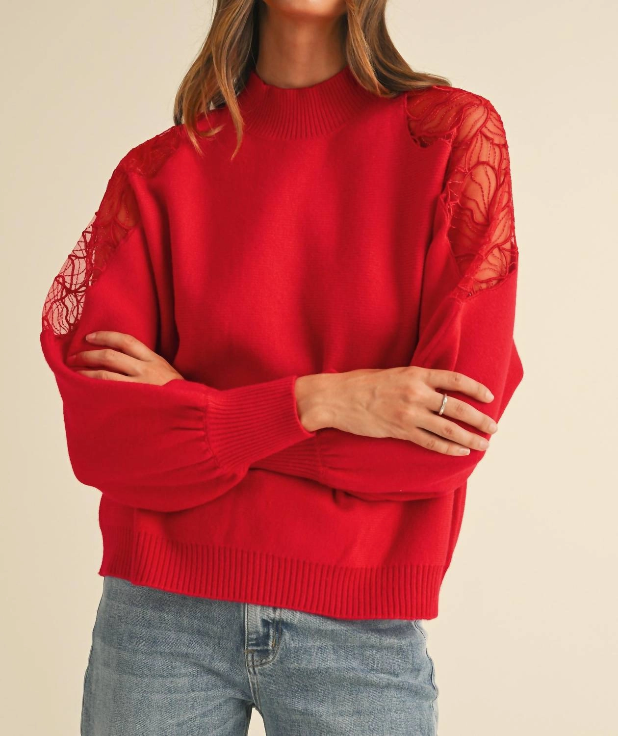 Everyday Layer hypoallergenic Embroidered Shoulder Mock Neck Sweater