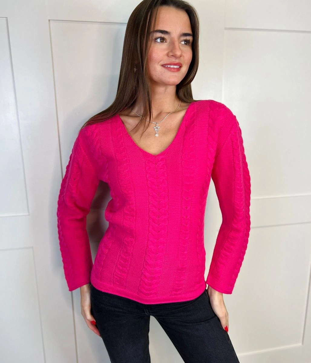 Pink V Neck Cable Jumper Winter Ready Outfit Cozy Thermal