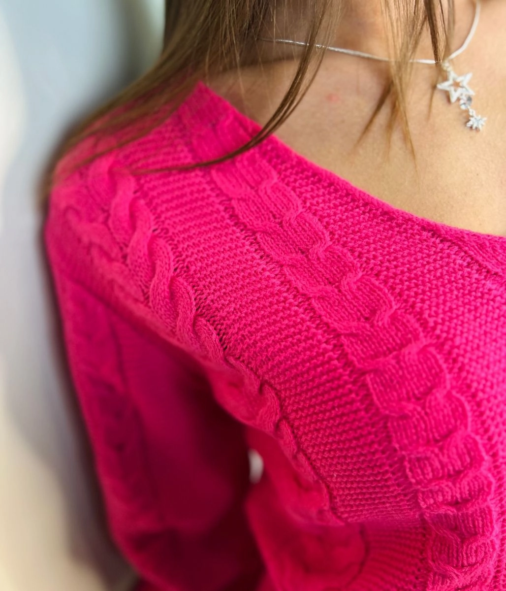 Pink V Neck Cable Jumper Thermal Locking Yarn Simple Fashion