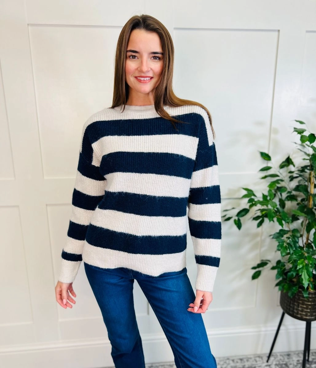 Stretchy Waist Navy Striped Crew Neck Jumper