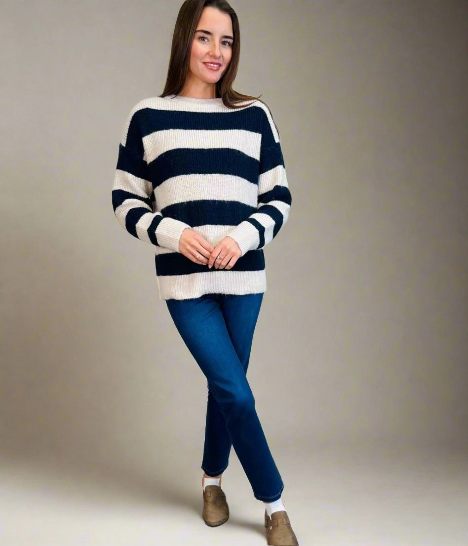 Navy Striped Crew Neck Jumper Flatlock stitching Trendy Design