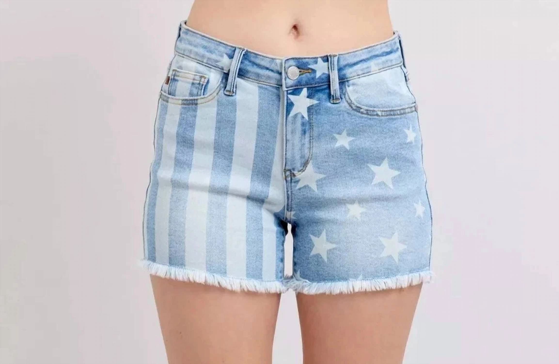 Reflective Trim Detail Mid Rise Stars & Stripes Bleach Denim Short In Blue