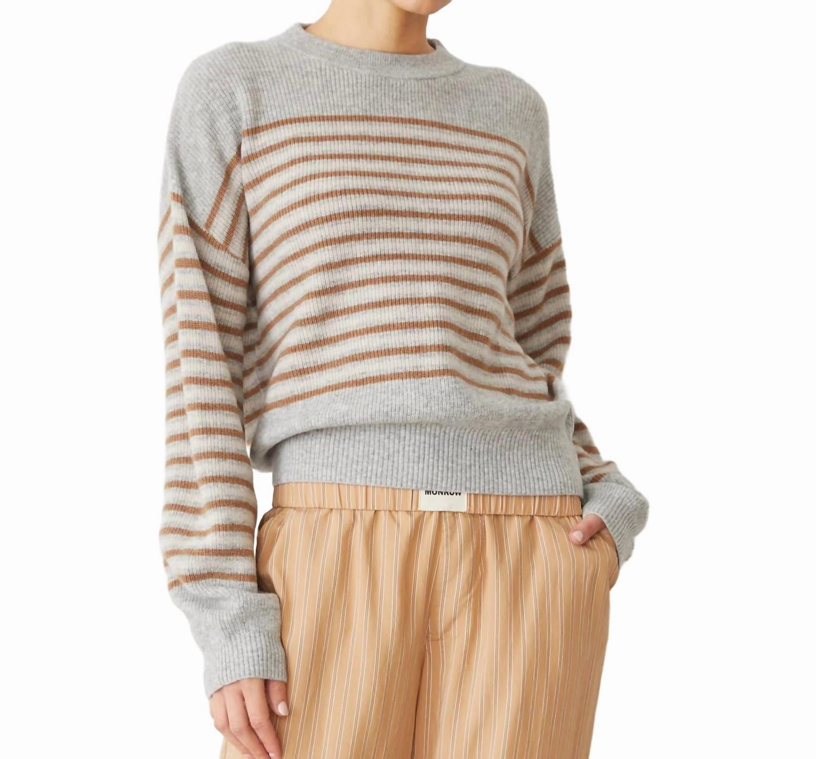 Relaxed Outfit Wool Cashmere Stripe Sweater In Heather Caramel