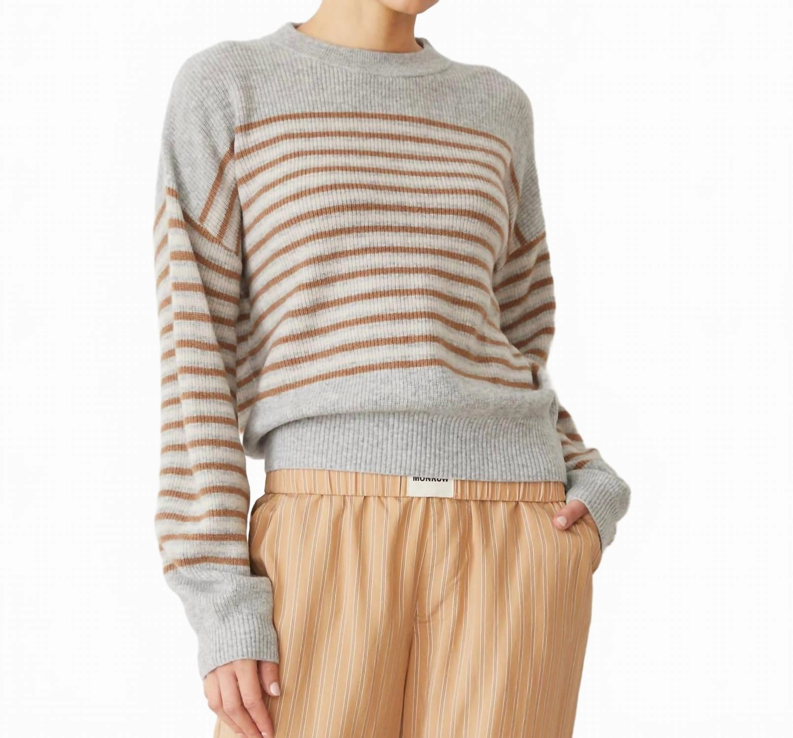 Wool Cashmere Stripe Sweater In Heather Caramel Comfy Layered Wear