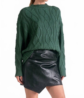 Soft Knitwear Crewneck Cable Knit Sweater In Dark Green
