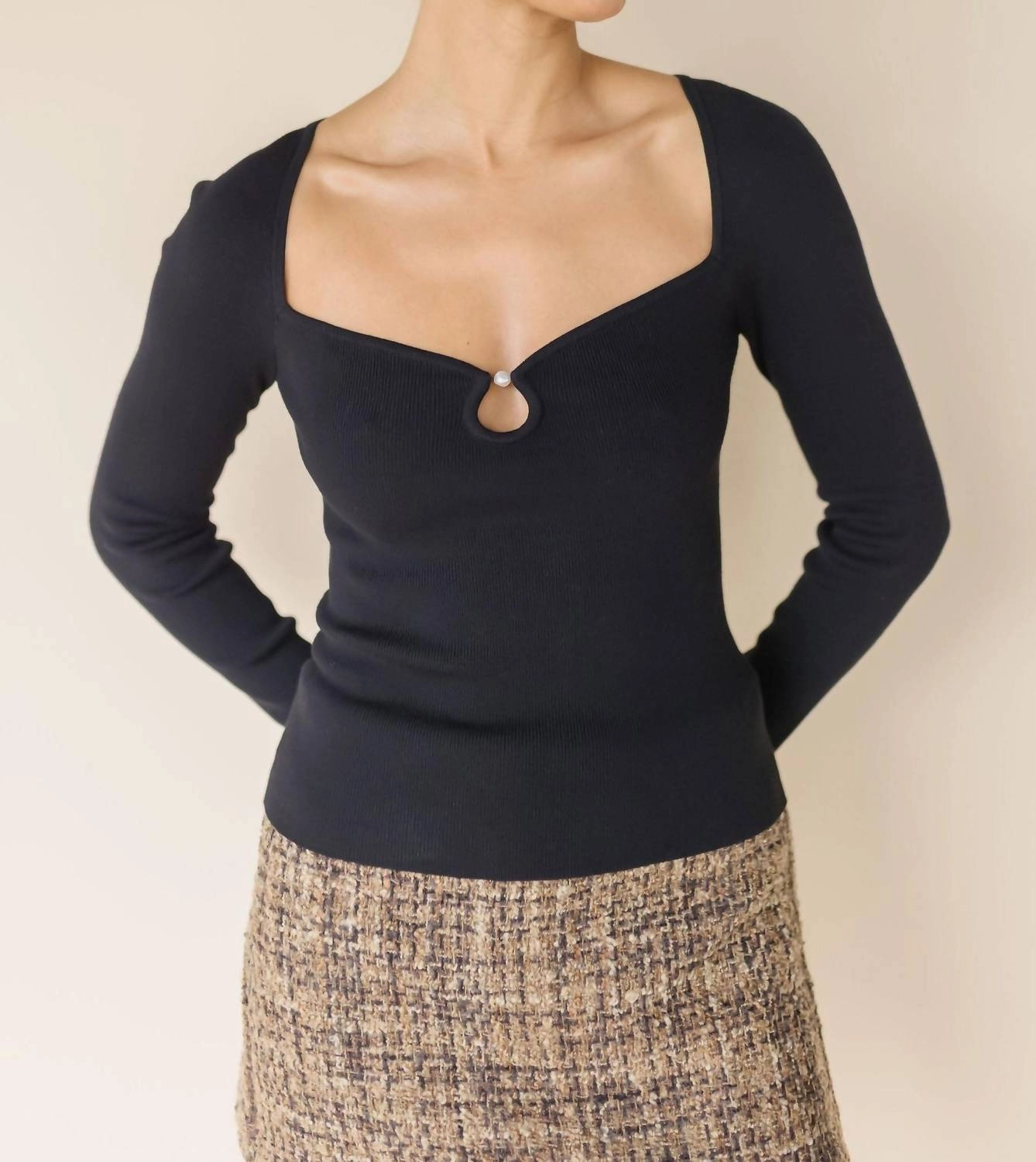 Is Pearl Detail Sweater In Black Outdoor Style Snug Fit Knit