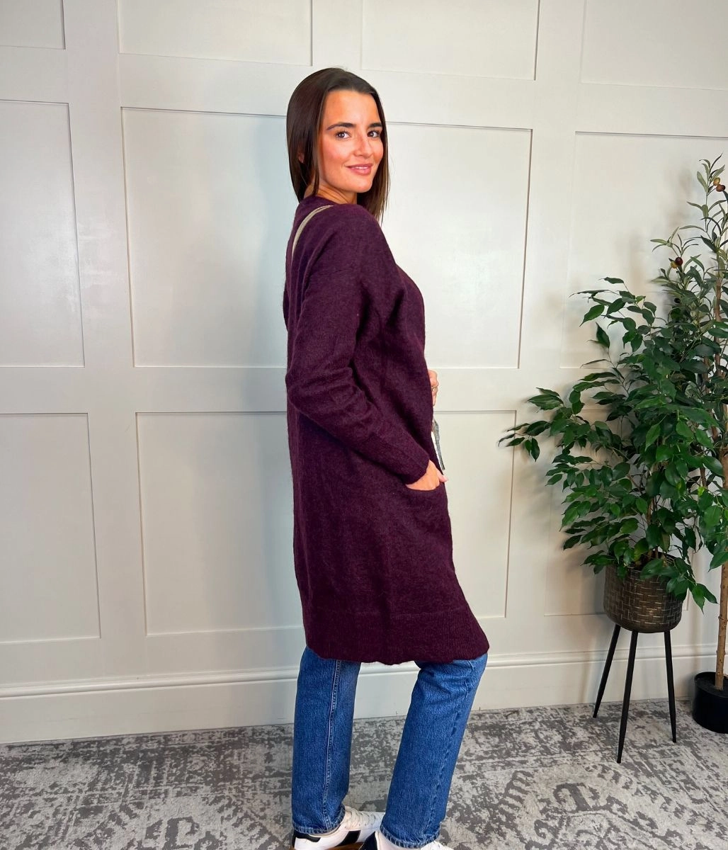Burgundy Mohair Blend Long Cardigan Ventilated Underarm Classic Layer
