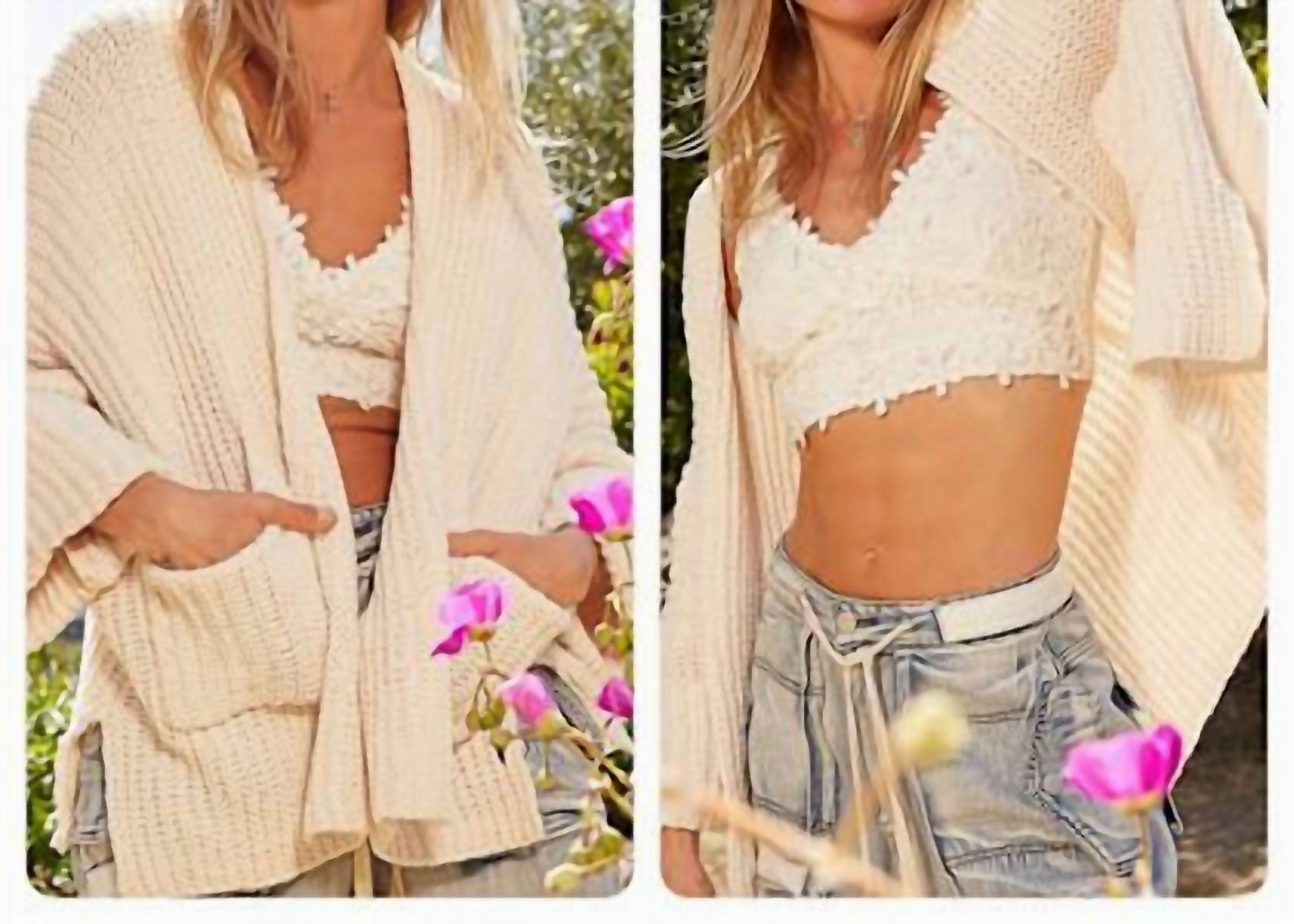 Solid Cardigan With Pockets In Cream winter warmth