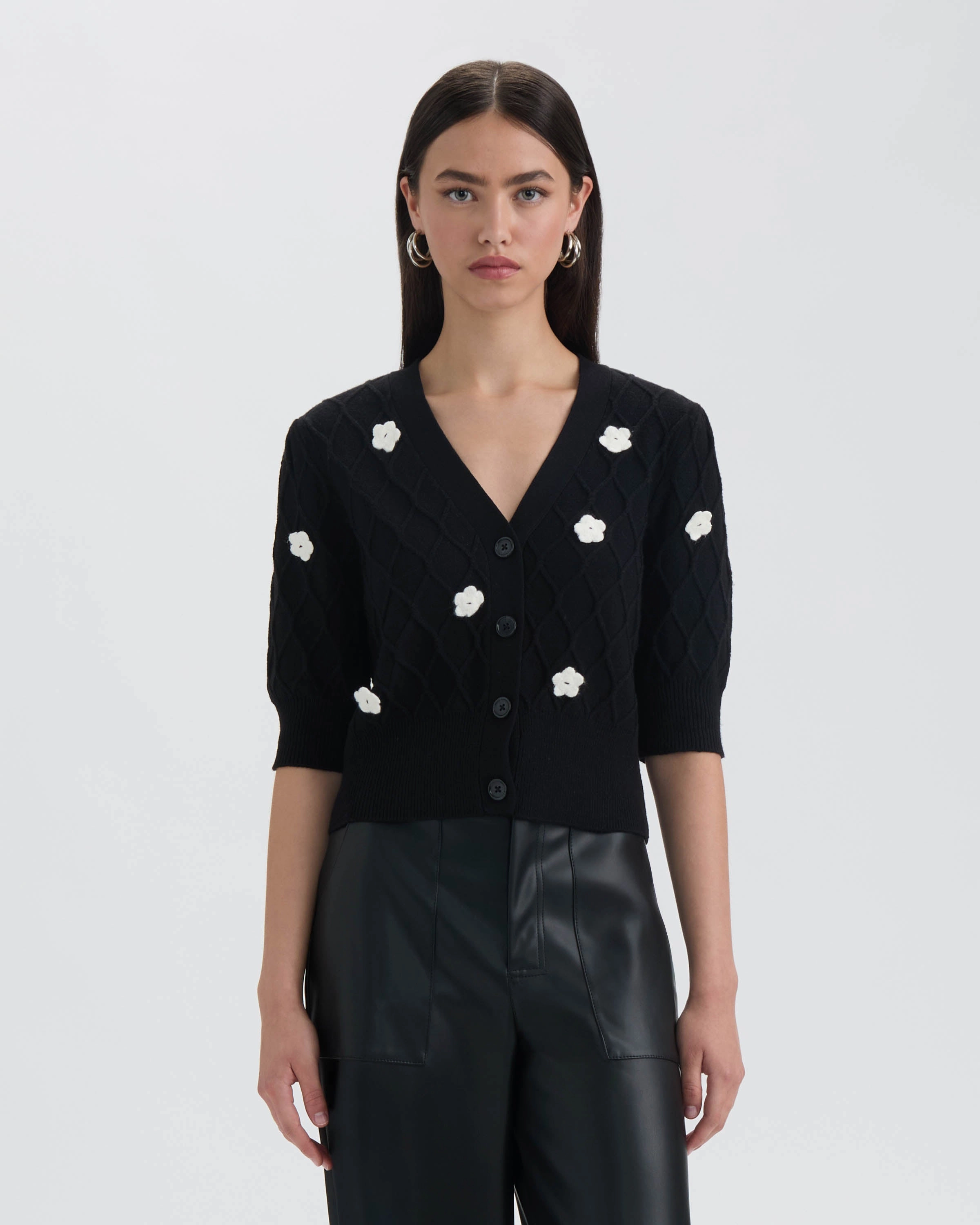 Winter Wear NVLT Womens Button Front Cardigan with 3D Appliques