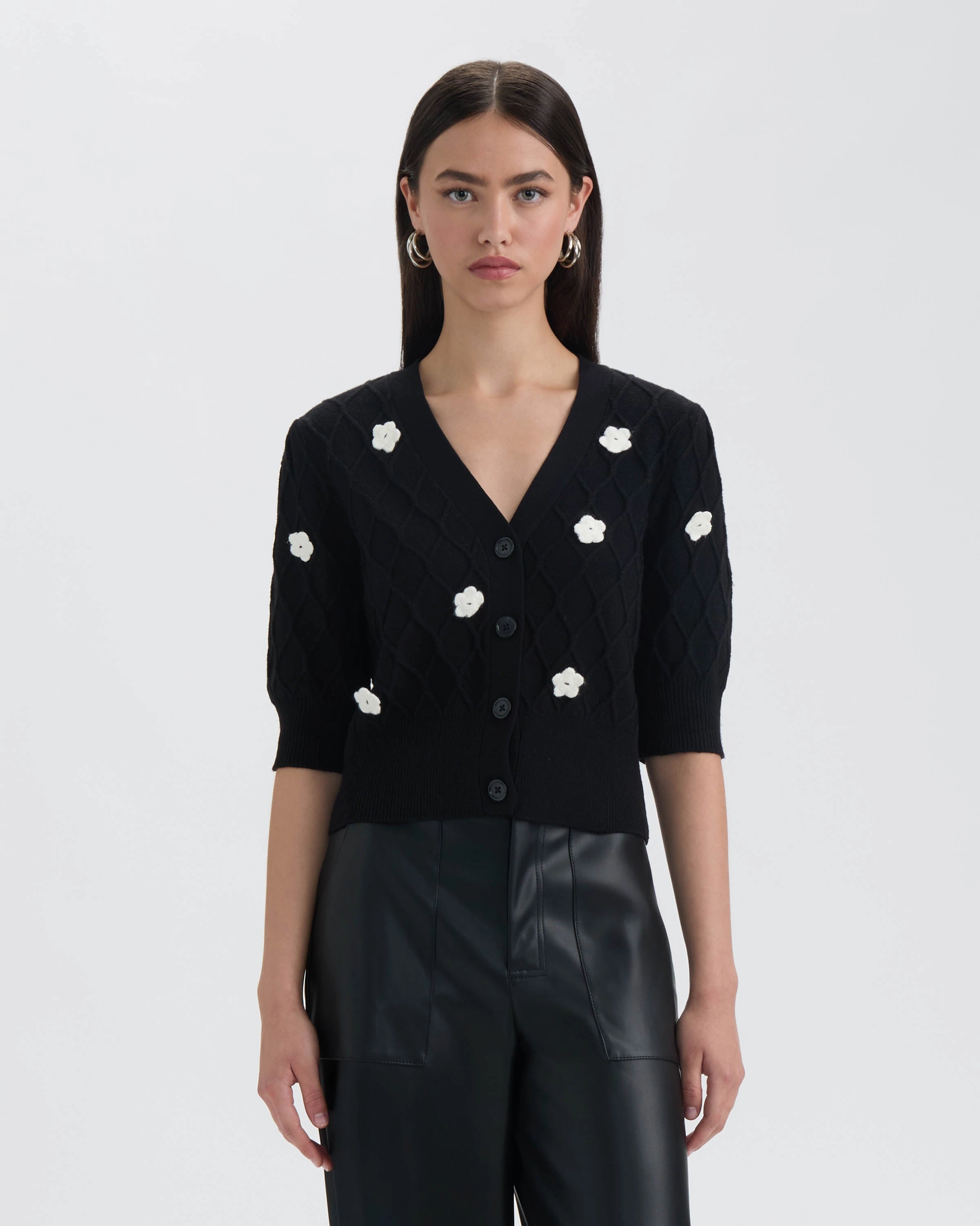 NVLT Womens Button Front Cardigan with 3D Appliques Winter-Ready Fashion