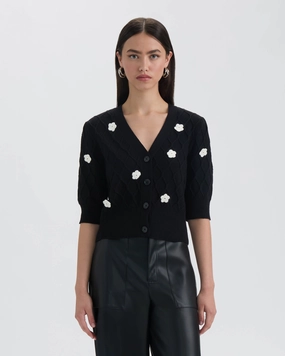 Classic Winter Warm Touch NVLT Womens Button Front Cardigan with 3D Appliques