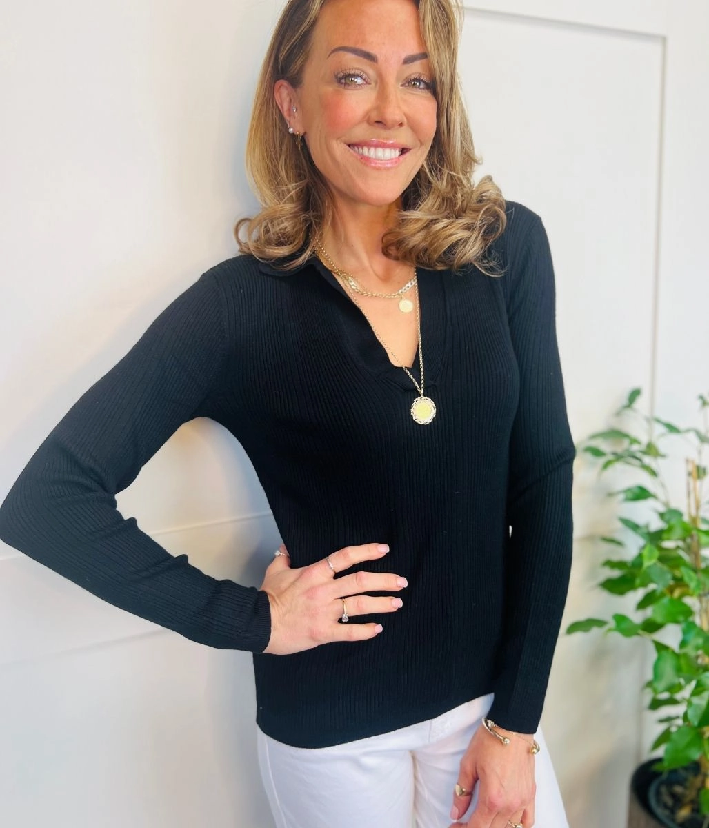 Black Collared Ribbed Jumper Perfect Design Quick Comfort